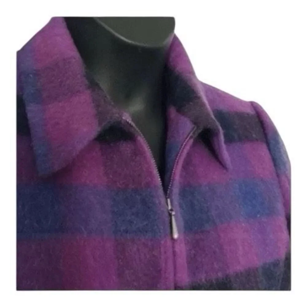 Dressbarn  Vintage Women Purple Plaid Retro Jacket Blazer Size 12 Wool Blend